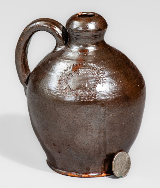 Extremely Rare and Important MRS. HEART & CO / PA Small-Sized Redware Jug, Kate Heart, Chambersburg