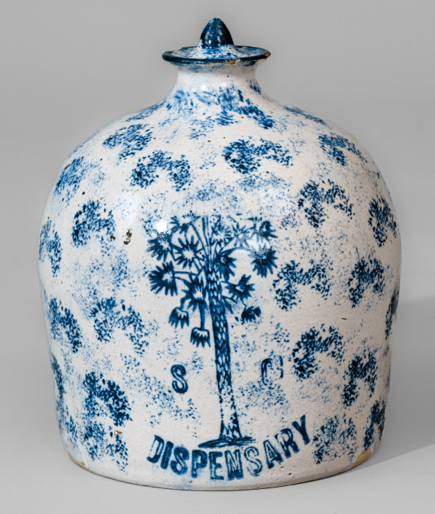 Exceedingly Rare Stoneware South Carolina Dispensary Bank w/ Sponged Cobalt Decoration