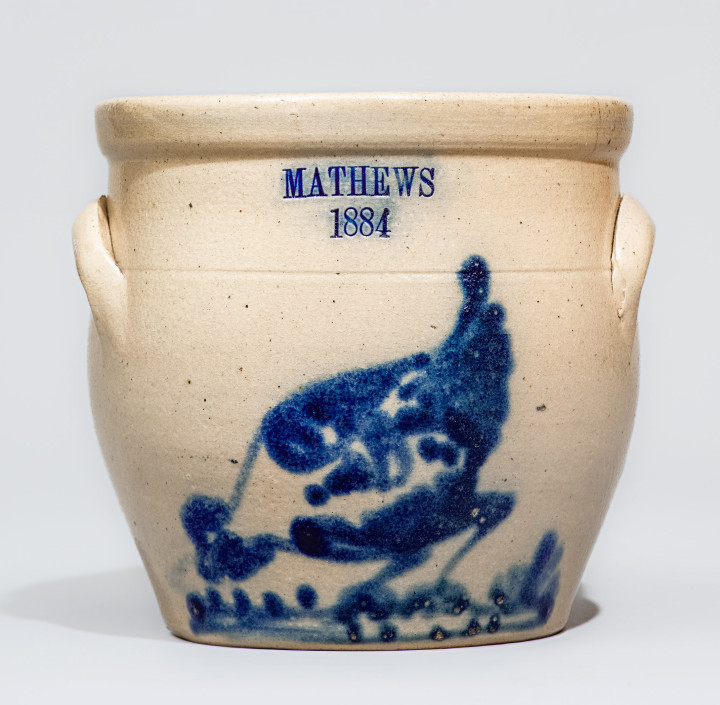 Outstanding Small-Sized Spouted Presentation Jar w/ Chicken and Bird-on-Stump Motifs, MATHEWS / 1884