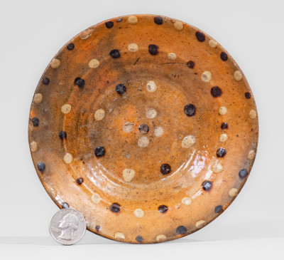 Very Rare and Fine Alamance Co, NC Diminutive Redware Dish w/ Two-Color Spot Decoration, attrib. Solomon Loy