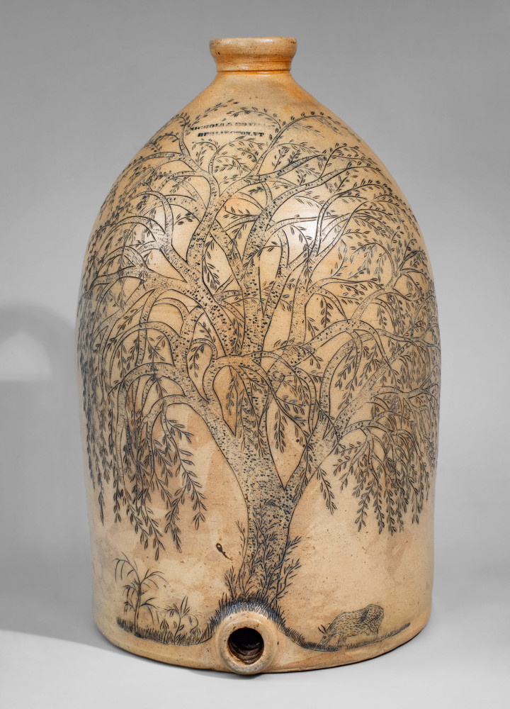 Highly Important Large Stoneware Cooler w/ Profuse Incised Tree and Cow Scene, NICHOLS & BOYNTON / BURLINGTON, VT