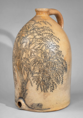 Highly Important Large Stoneware Cooler w/ Profuse Incised Tree and Cow Scene, NICHOLS & BOYNTON / BURLINGTON, VT