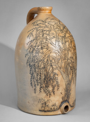 Highly Important Large Stoneware Cooler w/ Profuse Incised Tree and Cow Scene, NICHOLS & BOYNTON / BURLINGTON, VT