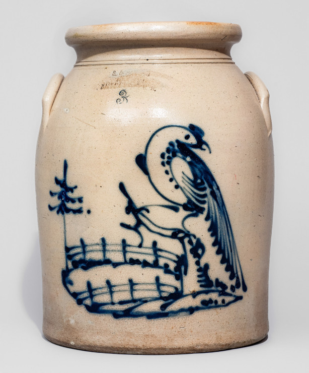 Scarce New Hampshire Stoneware Advertising Jar w/ Cobalt Pheasant, attrib. J. & E. Norton, Bennington, VT