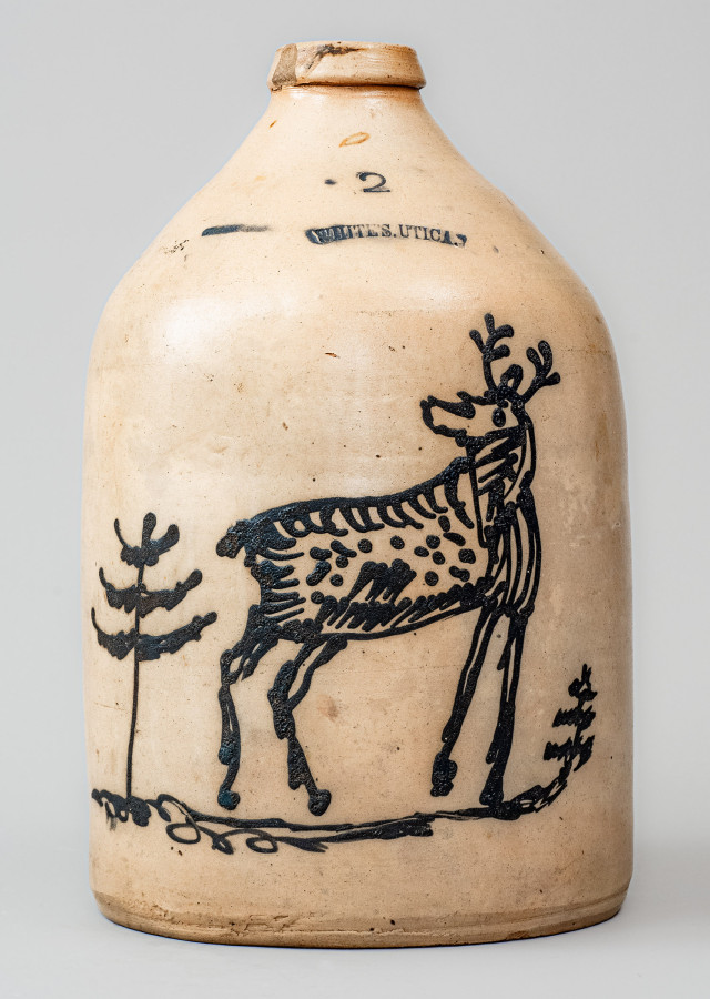 Rare WHITE S UTICA, New York Two-Gallon Stoneware Jug w/ Cobalt Deer Scene