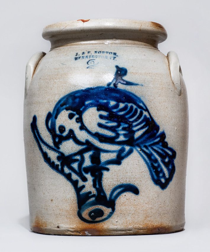 Exceptional J. & E. NORTON, / BENNINGTON, VT Stoneware Jar w/ Oversized Cobalt Bird on Branch
