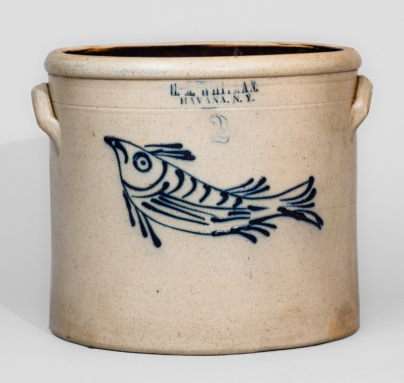 Exceptional H.M. WHITMAN / HAVANA, NY Stoneware Crock w/ Fish Decoration, c1860-62