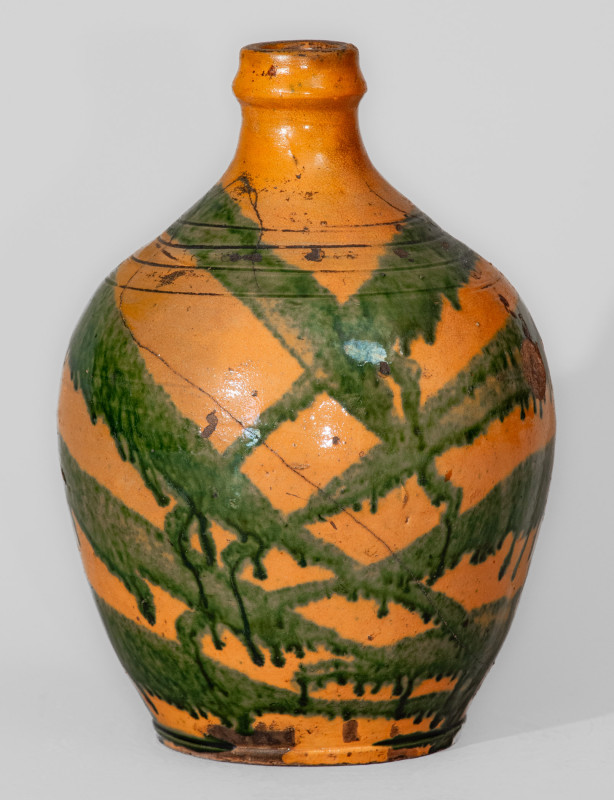 Rare Greene County, TN Redware Jug w/ Profuse Copper Slip Decoration, attrib. Christopher Alexander Haun
