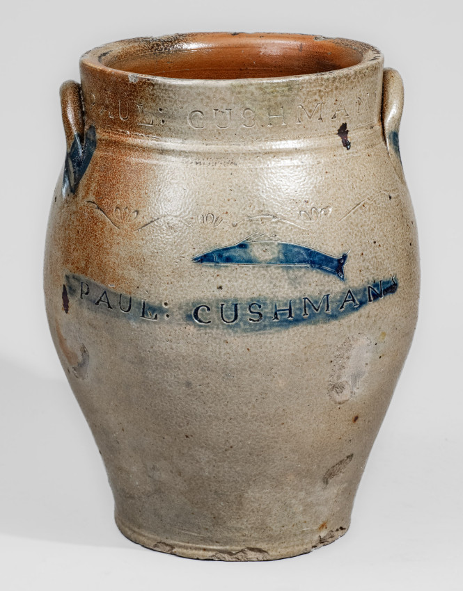 Extremely Rare PAUL CUSHMAN (Albany, NY) Stoneware Jar w/ Incised Fish and Bird Decorations, c1810