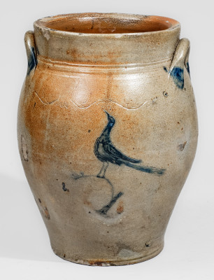 Extremely Rare PAUL CUSHMAN (Albany, NY) Stoneware Jar w/ Incised Fish and Bird Decorations, c1810