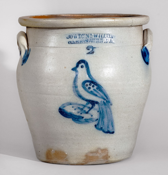 COWDEN & WILCOX / HARRISBURG, PA Two-Gallon Stoneware Jar w/ Cobalt Bird Decoration