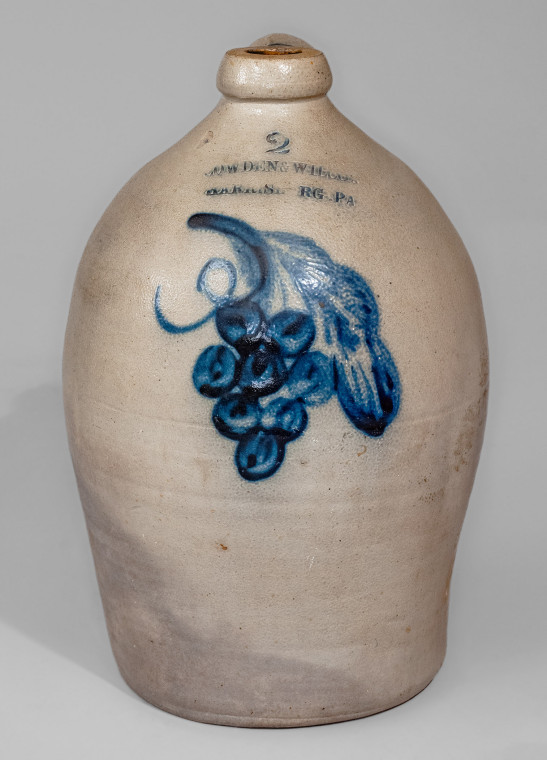 COWDEN & WILCOX / HARRISBURG, PA Two-Gallon Stoneware Jug w/ Cobalt Grapes Decoration