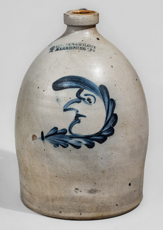 Fine COWDEN & WILCOX / HARRISBURG, PA Stoneware Jug w/ Cobalt Man-in-the-Moon Decoration