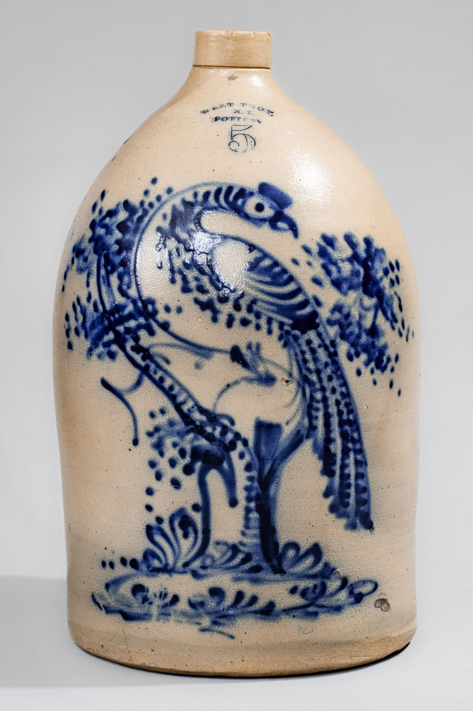 Magnificent WEST TROY / N.Y. / POTTERY Five-Gallon Stoneware Jug w/ Elaborate Cobalt Pheasant on Stump