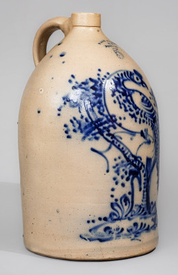 Magnificent WEST TROY / N.Y. / POTTERY Five-Gallon Stoneware Jug w/ Elaborate Cobalt Pheasant on Stump