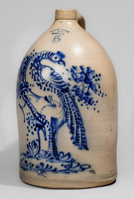 Magnificent WEST TROY / N.Y. / POTTERY Five-Gallon Stoneware Jug w/ Elaborate Cobalt Pheasant on Stump