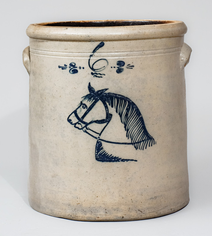 Rare and Fine Six-Gallon Ohio Stoneware Crock w/ Cobalt Horse Head Decoration, c1875