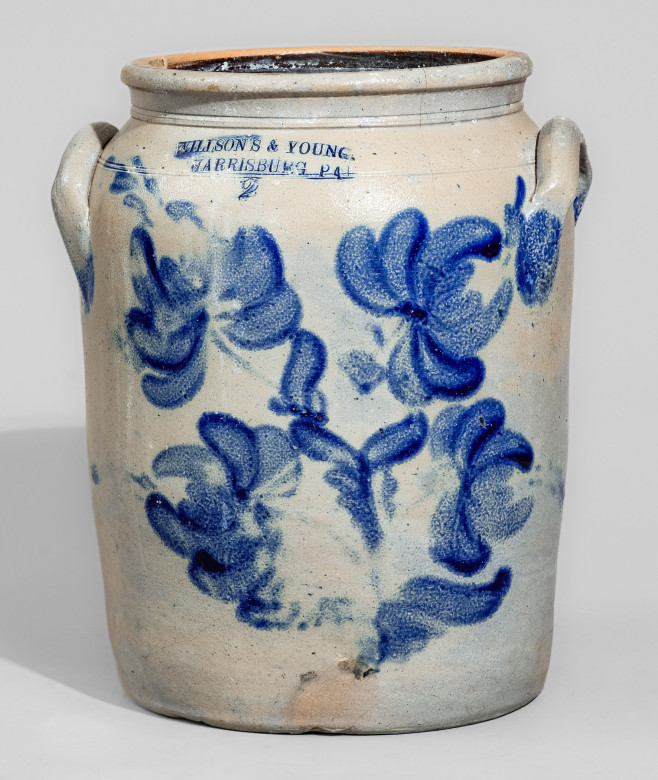 Rare WILLSON S & YOUNG / HARRISBURG PA Stoneware Jar w/ Elaborate Cobalt Floral Decoration