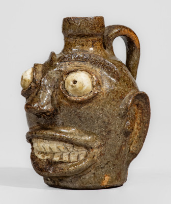 Rare and Fine Small-Sized Edgefield District, South Carolina Stoneware Face Jug w/ Kaolin Eyes and Teeth