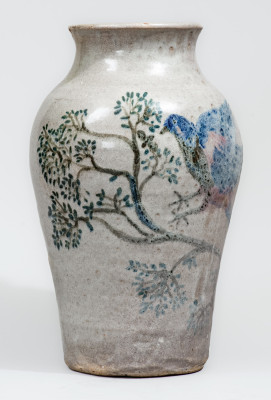 Outstanding and Important Large-Sized Stoneware Vase w/ Exuberant Bird-and-Stump Decoration, attrib. Arie Meaders