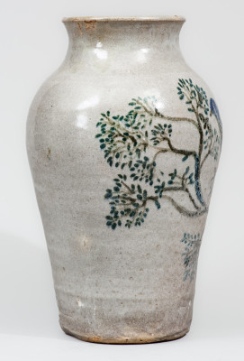 Outstanding and Important Large-Sized Stoneware Vase w/ Exuberant Bird-and-Stump Decoration, attrib. Arie Meaders