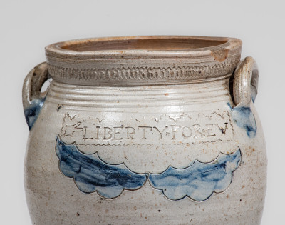 Rare and Fine LIBERTY FOREVER Stoneware Jar, Thomas Warne / Joshua Letts, South Amboy, NJ