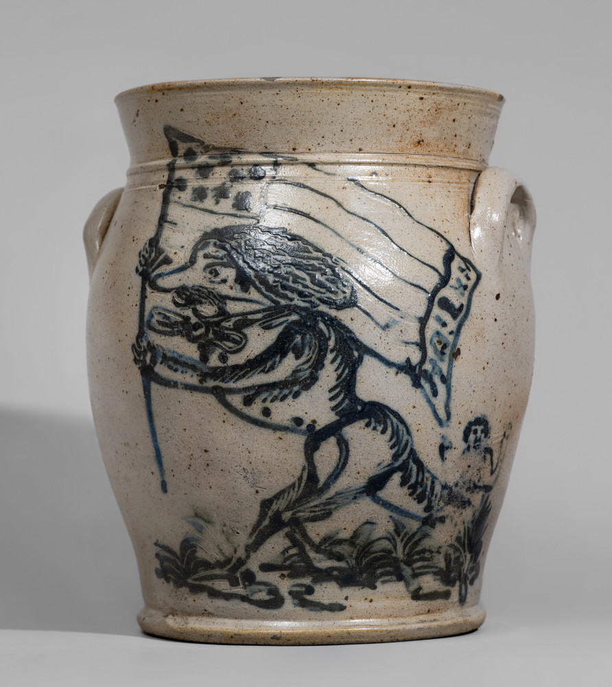 The Patriot Jar: Highly Important Civil War Era Stoneware Jar w/ Man Carrying an American Flag