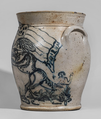The Patriot Jar: Highly Important Civil War Era Stoneware Jar w/ Man Carrying an American Flag