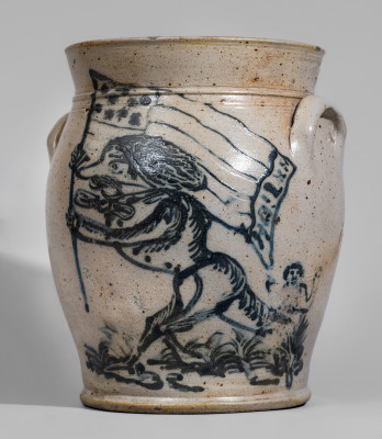 The Patriot Jar: Highly Important Civil War Era Stoneware Jar w/ Man Carrying an American Flag