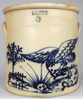 J. & E. NORTON / BENNINGTON, VT. Stoneware Crock w/ Hawk Scene
