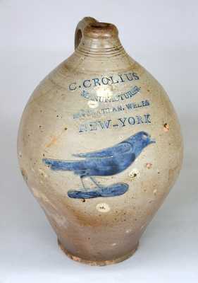 C. CROLIUS / MANUFACTURER / MANHATTAN-WELLS / NEW-YORK Incised Bird Stoneware Jug