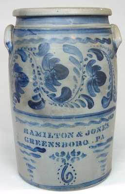 Six-Gallon HAMILTON & JONES / GREENSBORO, PA Stoneware Crock