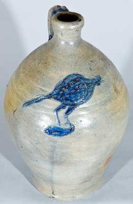 Northeastern US (possibly NJ) Stoneware Jug w/ Incised Bird Holding a Fish