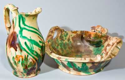 Multi-Glazed Redware Pitcher & Washbowl Set, attrib. Eberly, Strasburg, VA