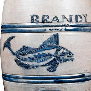 TYLER & DILLON / ALBANY Stoneware BRANDY Keg w/ Exceptional Incised Fish