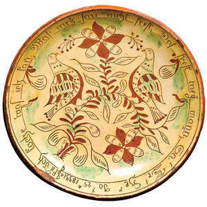 Extremely Important Samuel Troxel Sgraffito Redware Plate, Montgomery County, PA, 1833