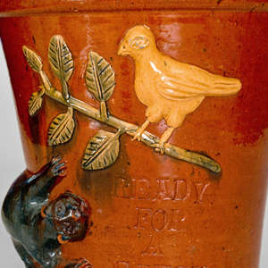 Highly Important Absalom Bixler (Lancaster County, PA) Redware Flowerpot w/ Applied Cat and Bird Motif, READY FOR A CATCH