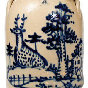 Outstanding J. & E. NORTON / BENNINGTON, VT Stoneware Jar w/ Extravagant Cobalt Deer Scene