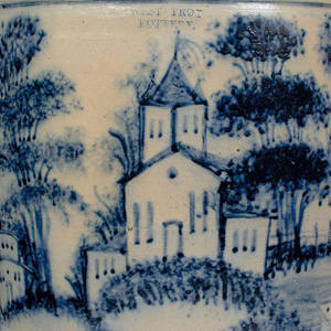 Highly Important WEST TROY POTTERY Twenty-Gallon Stoneware Keg w/ Elaborate Cobalt Landscape