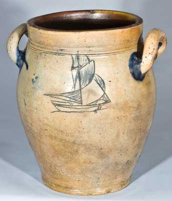 Manhattan, NY Stoneware Early Jar with Incised Sloop