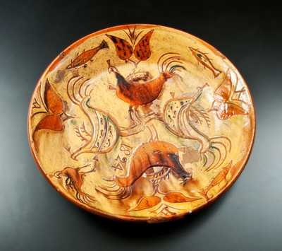 Extremely Rare and Imporant 1824 Sgraffito Redware Deep Dish w/ Ornate Hen, Fish and Floral Decoration