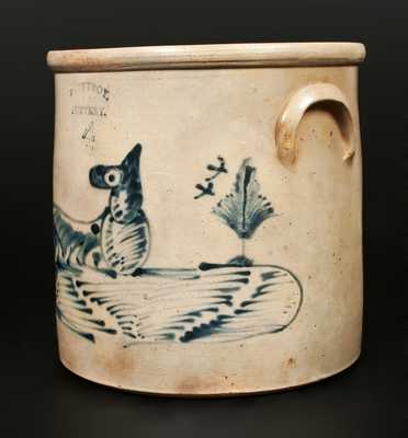 4 Gal. WEST TROY POTTERY Stoneware Crock with Reclining Dog Decoration
