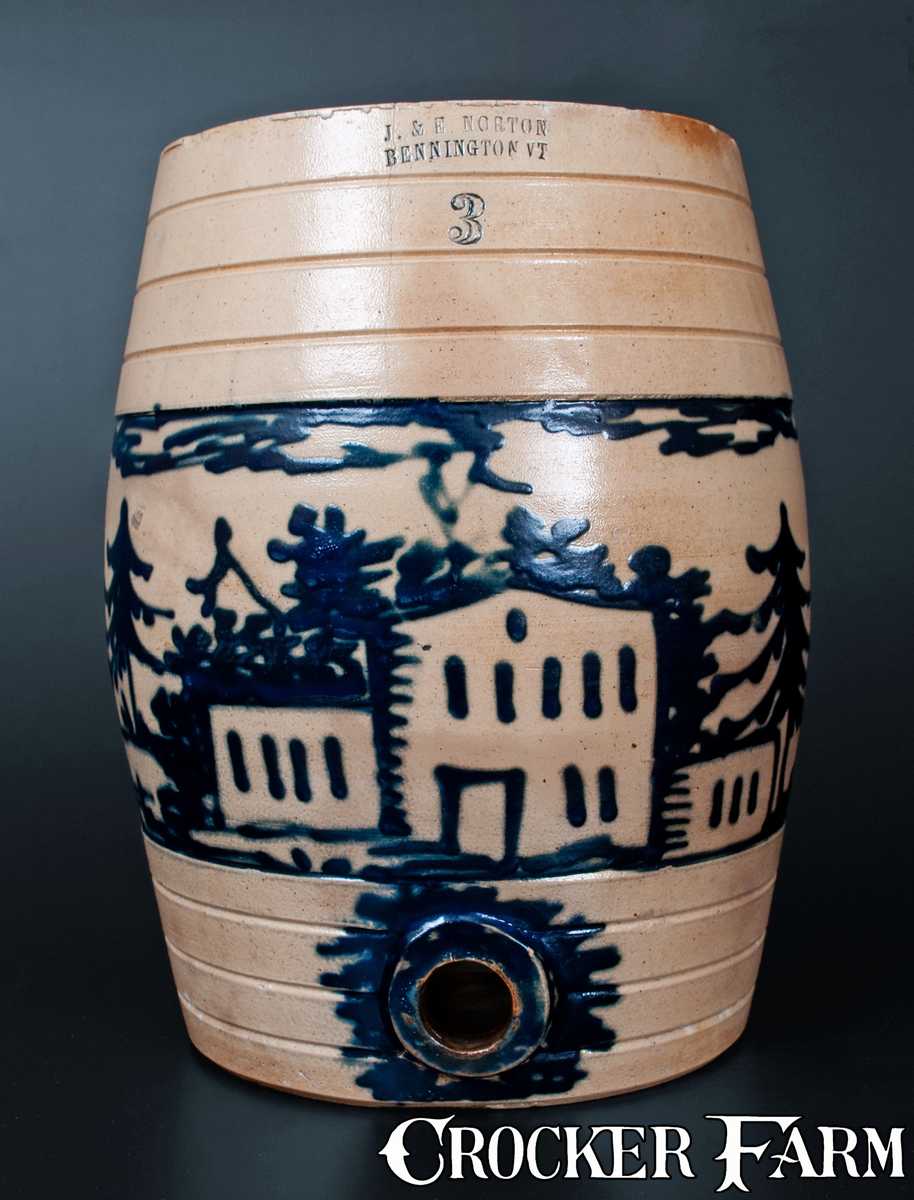Exceptional J. & E. NORTON / BENNINGTON, VT Stoneware Water Cooler w/ House, Deer, and Bird-on-Stump Decoration