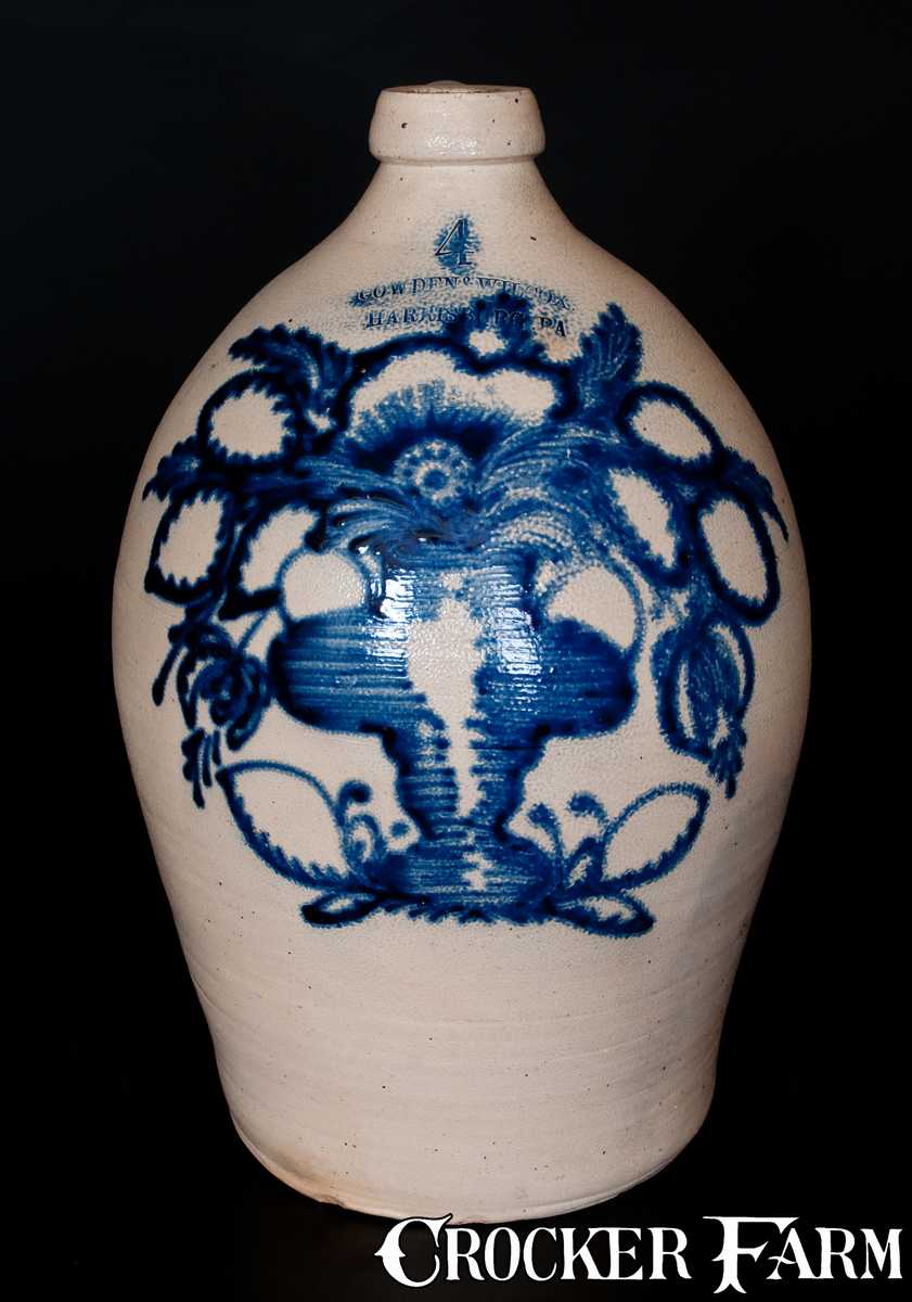 Outstanding COWDEN & WILCOX / HARRISBURG, PA Stoneware Jug w/ Profuse Flowering Urn Design