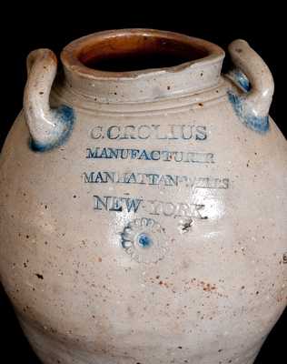 Outstanding C. CROLIUS Stoneware Jar w/ Impressed Rosettes and Incised Decoration, Manhattan, early 19th century