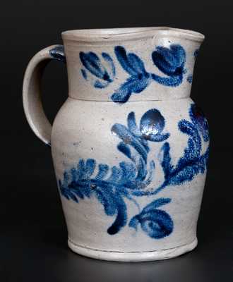 Very Fine Quart Baltimore Stoneware Pitcher w/ Vibrant Cobalt Floral Decoration