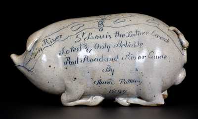 Anna Pottery Salt-Glazed Pig Bottle: St. Louis the future Great / Latest and Only Reliable / Rail Road and River Guide / By / Anna Pottery / 1889