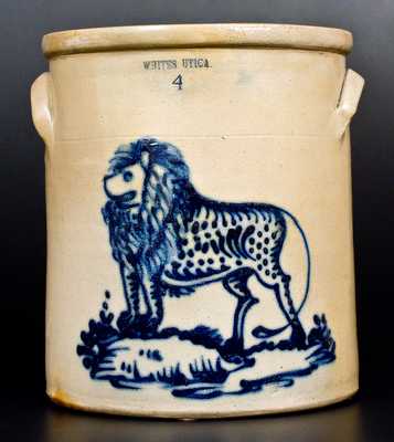 Exceptional WHITES UTICA 4 Gal. Stoneware Crock w/ Bold Lion Decoration