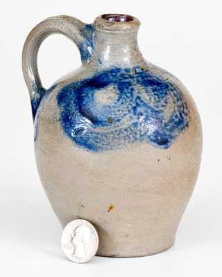 Miniature Stoneware Jug with Cobalt Pomegranate and Floral Motifs, attrib. Kemple Pottery, Ringoes, NJ, 18th century