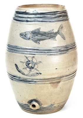Six-Gallon Albany, NY Stoneware Keg-Form Cooler w/ Incised Fish and Floral Motifs